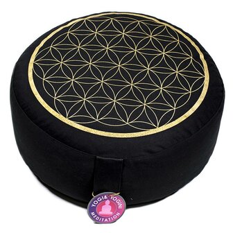 Meditatiekussen zwart/goud levensbloem opdruk